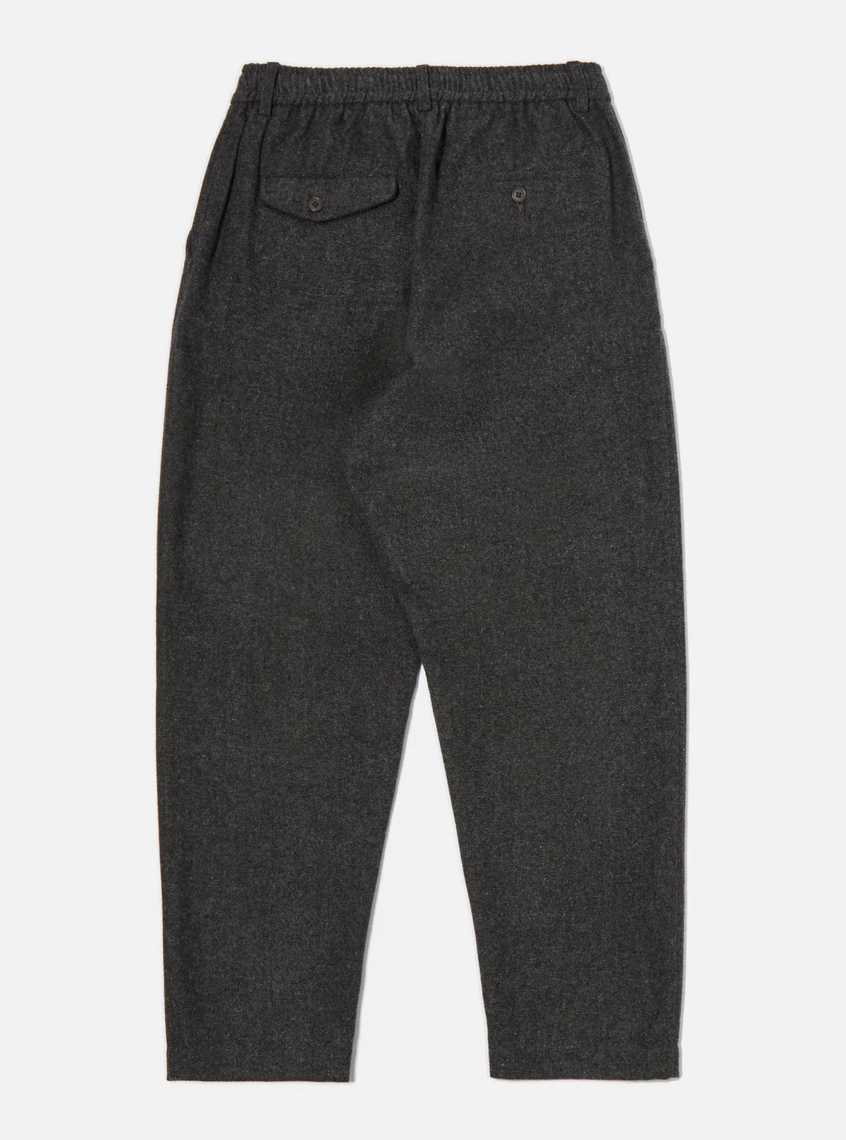 Universal Works dark grey trousers  on a white background
