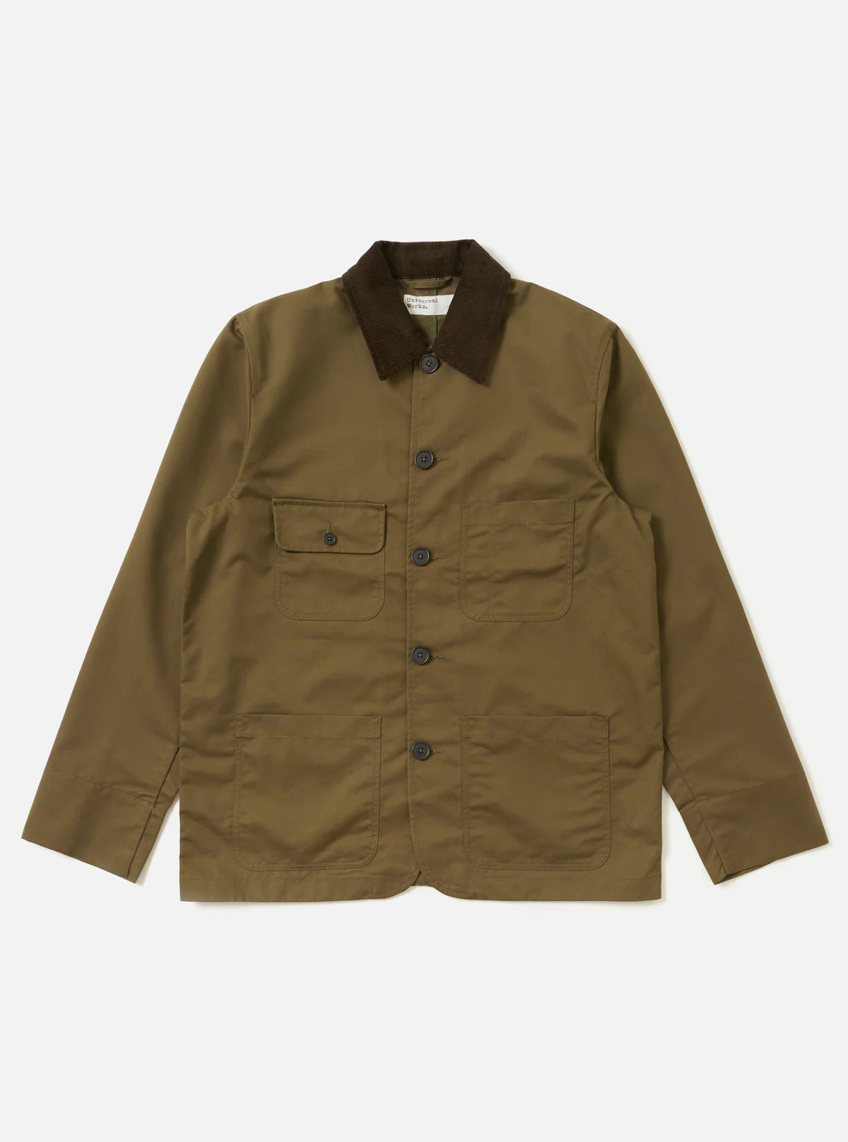 Universal Works Khaki jacket with a dark collar on a white background