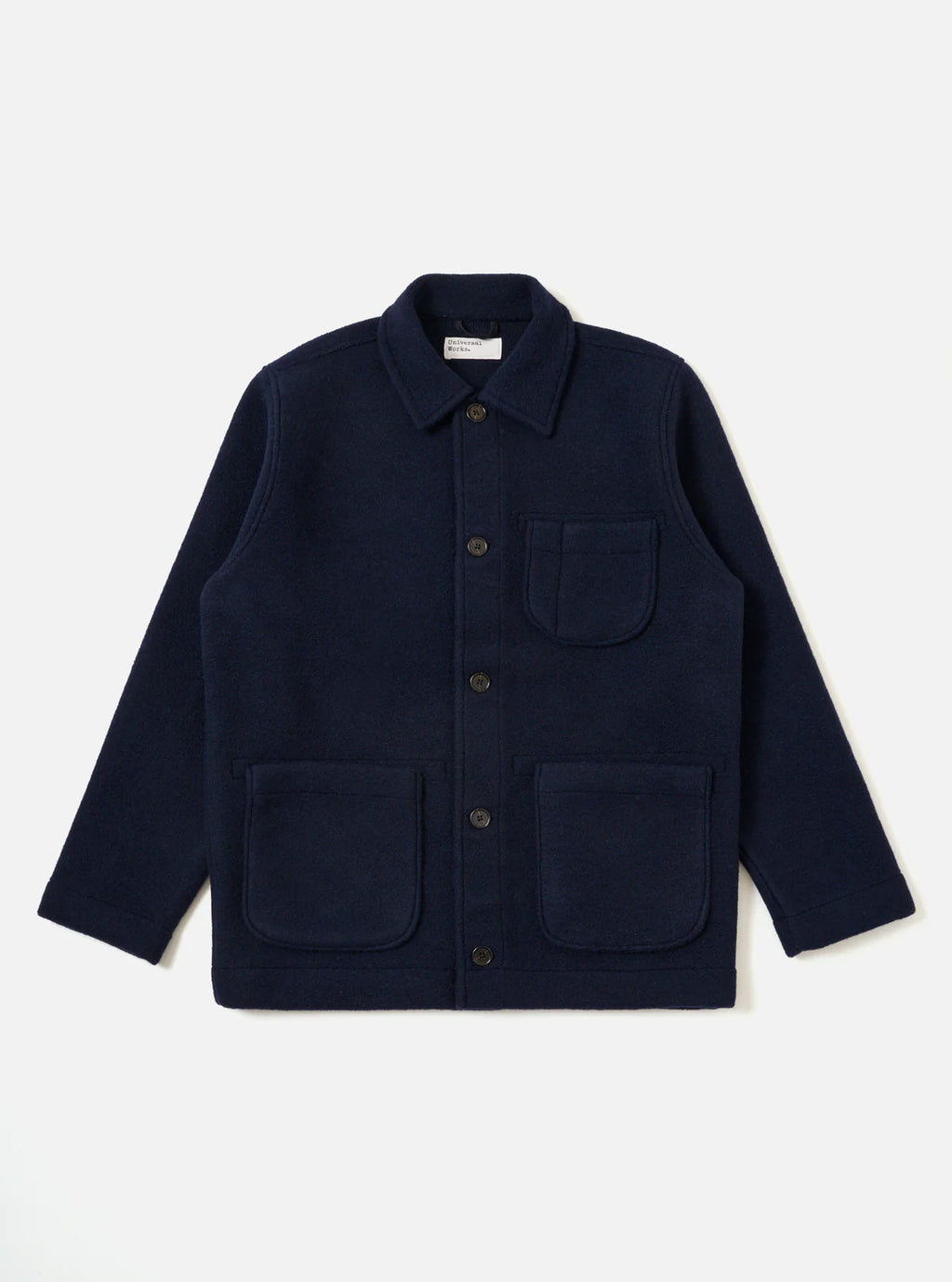 Universal Works navy blue jacket with two front pockets on a white background