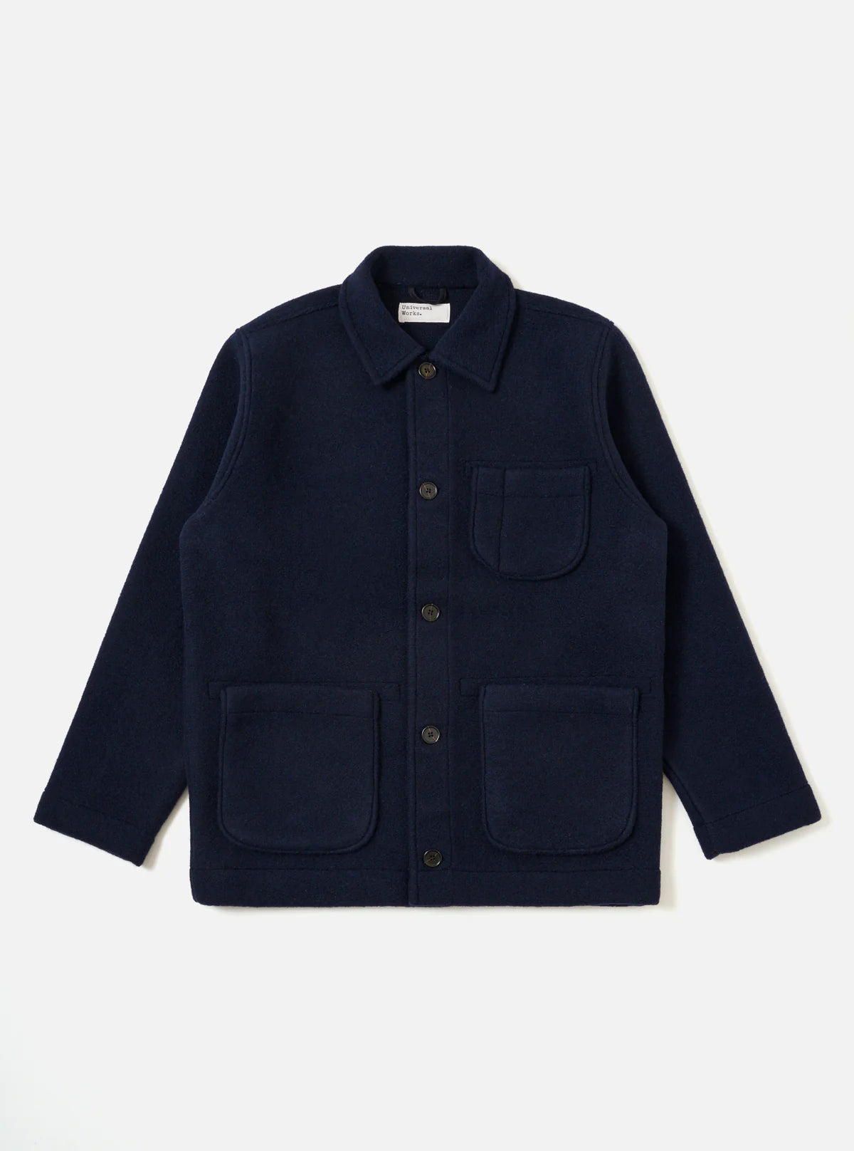 Universal Works navy blue jacket with two front pockets on a white background