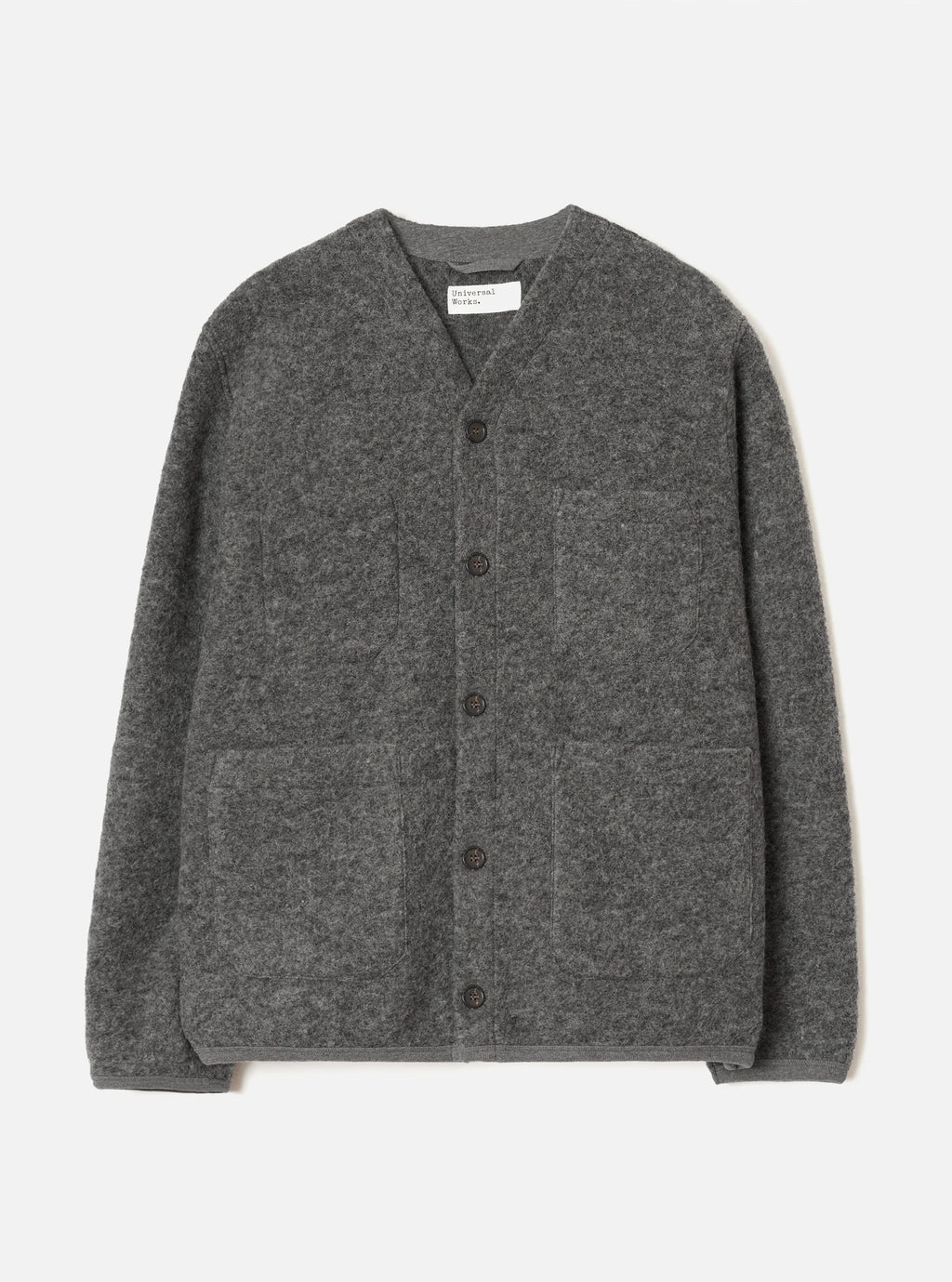 Universal Works Grey Marl Fleece cardigan against a Light grey background 