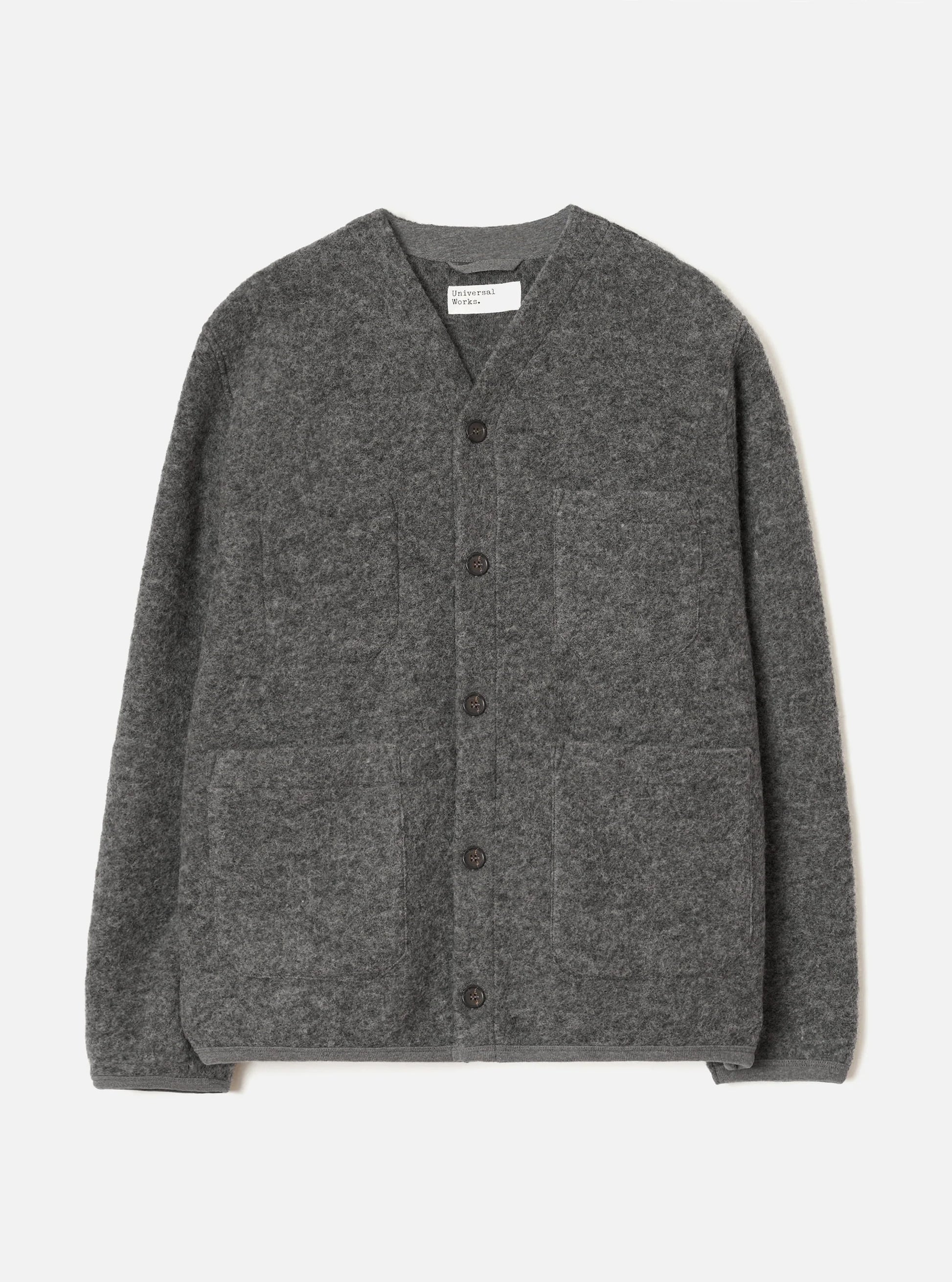 Universal Works Grey Marl Fleece cardigan against a Light grey background 