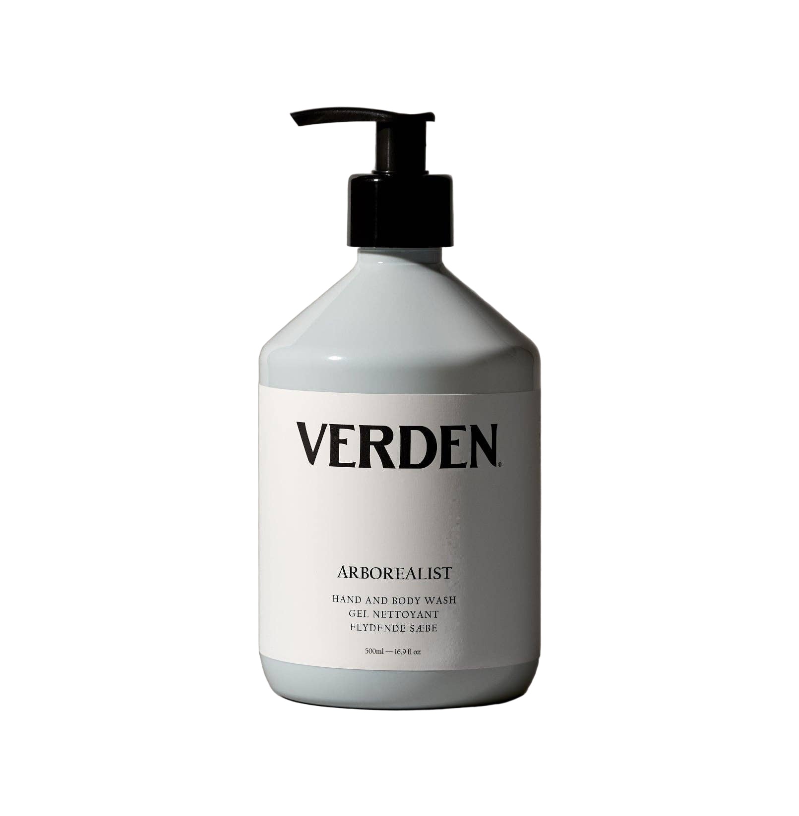 Light blue bottle with black pump labeled 'VERDEN' on a white background