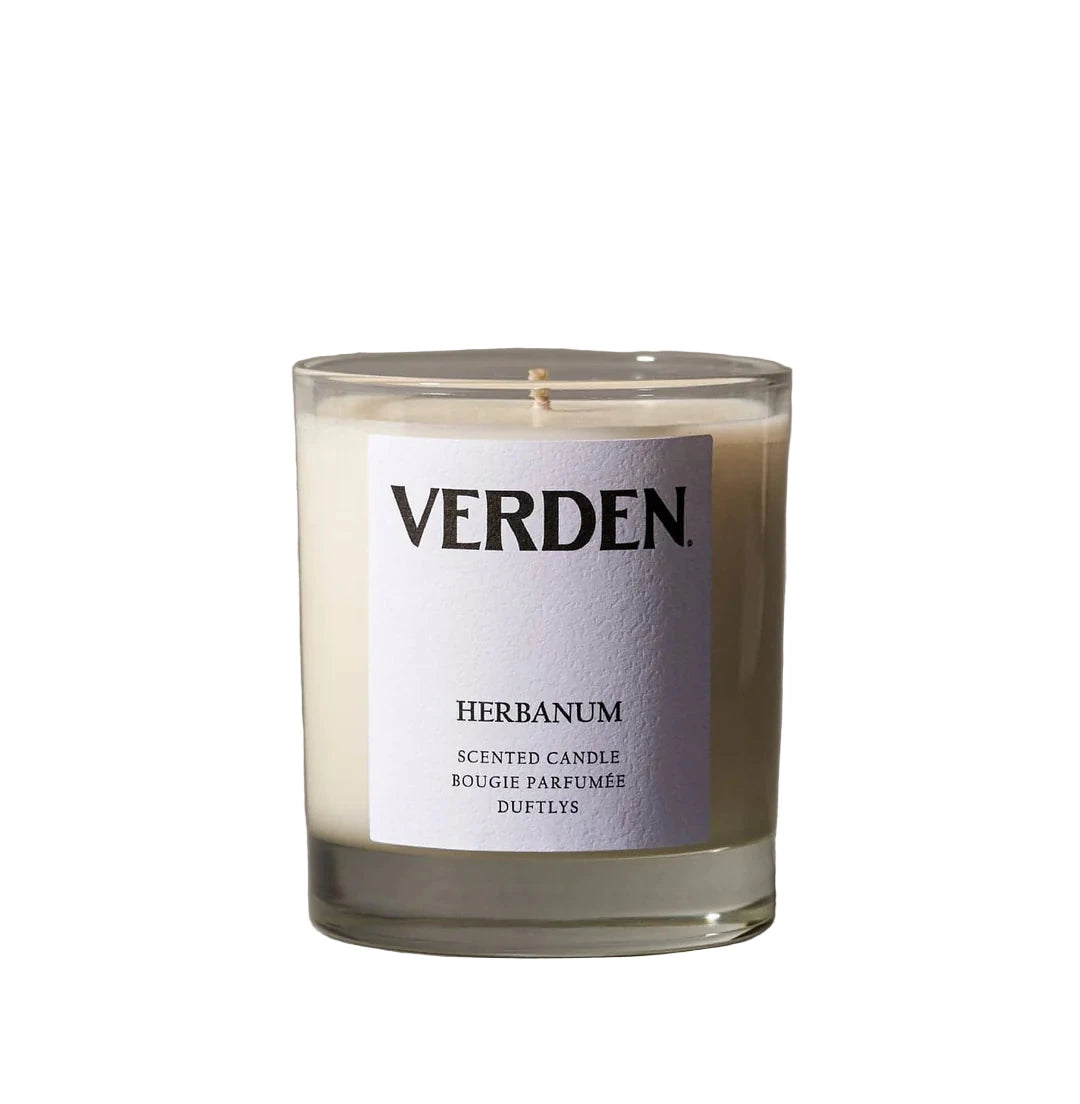 Verden Herbanum candle on white background, white label with black writing