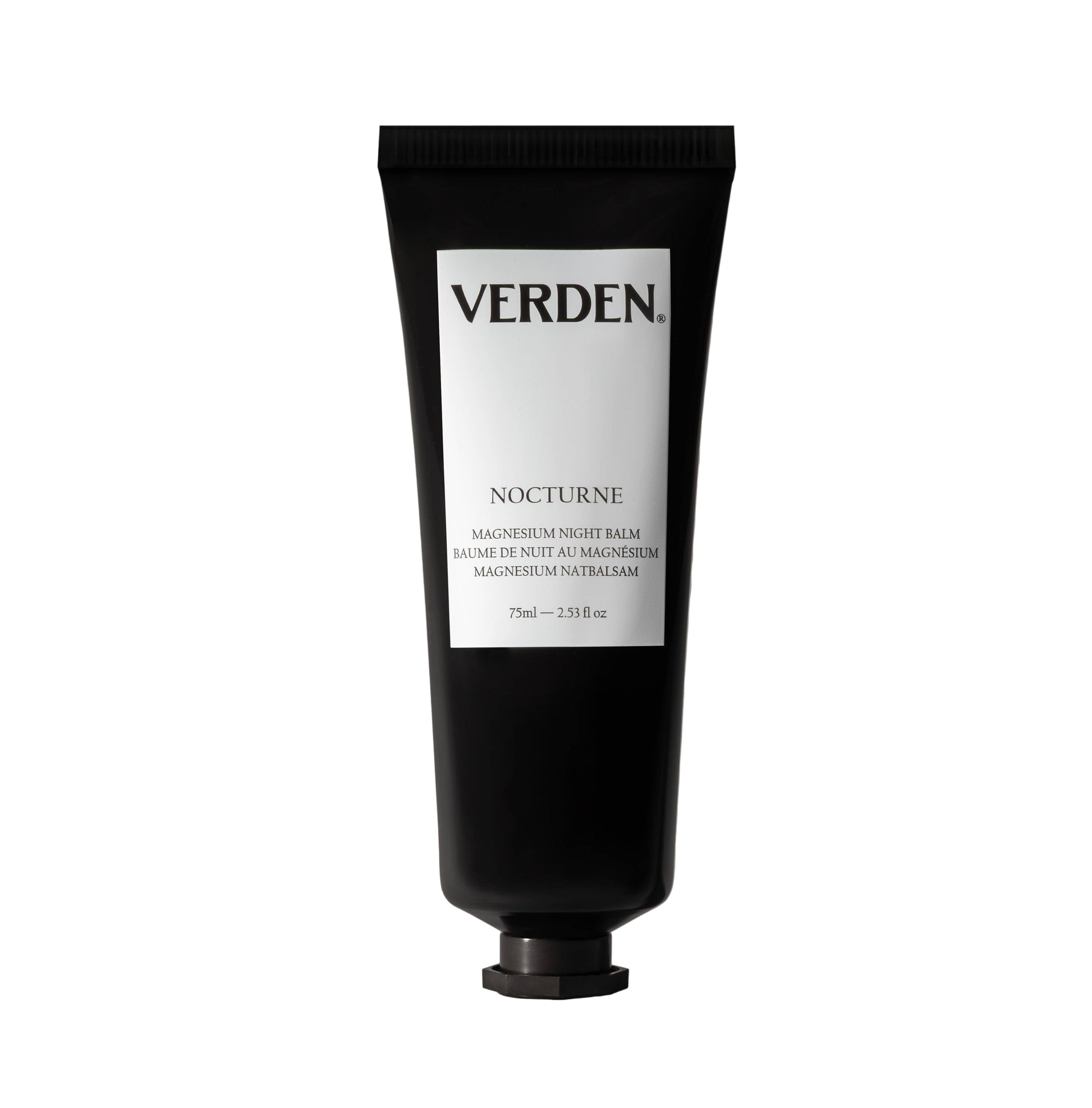 Black tube of Verden Nocturne balm on a white  background