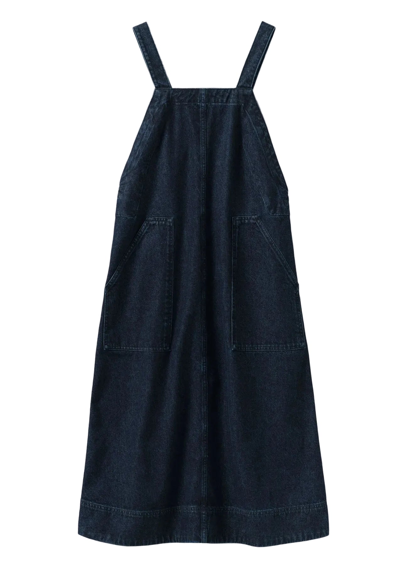 Dark denim pinafore dress on a light gray background