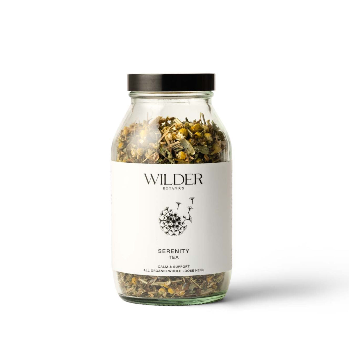 Glass jar of Wilder Botanics Organic Serenity Tea. 