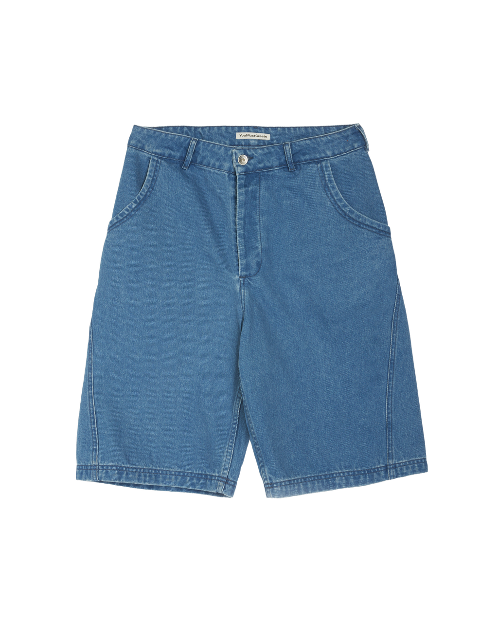 YMC knee length denim shorts on a white background. 