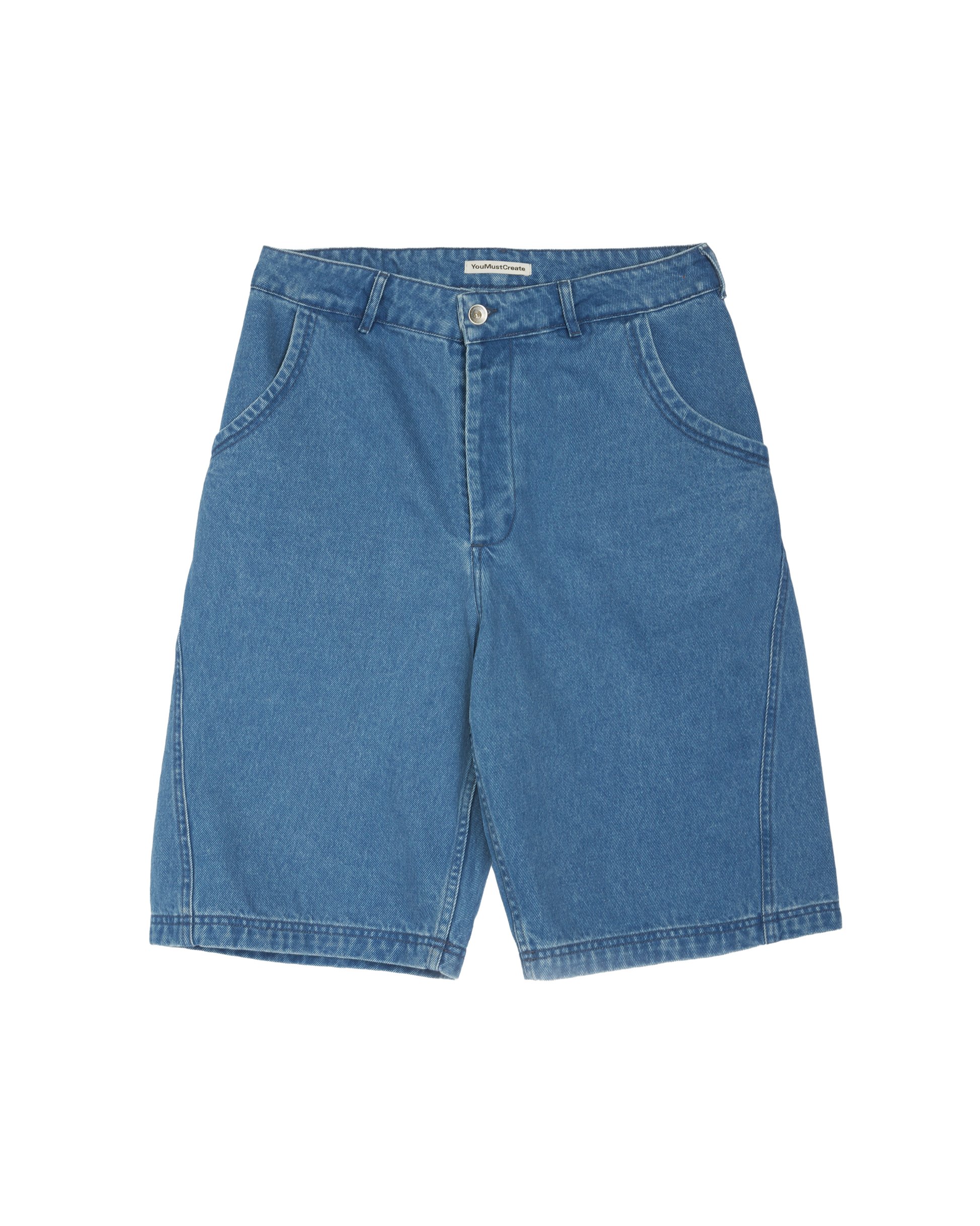 YMC knee length denim shorts on a white background. 