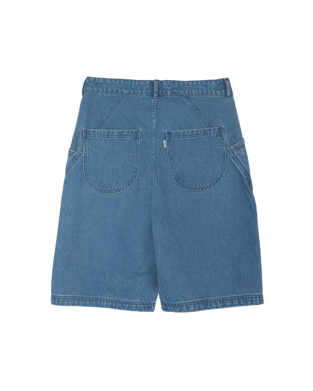 YMC knee length denim shorts on a white background. 