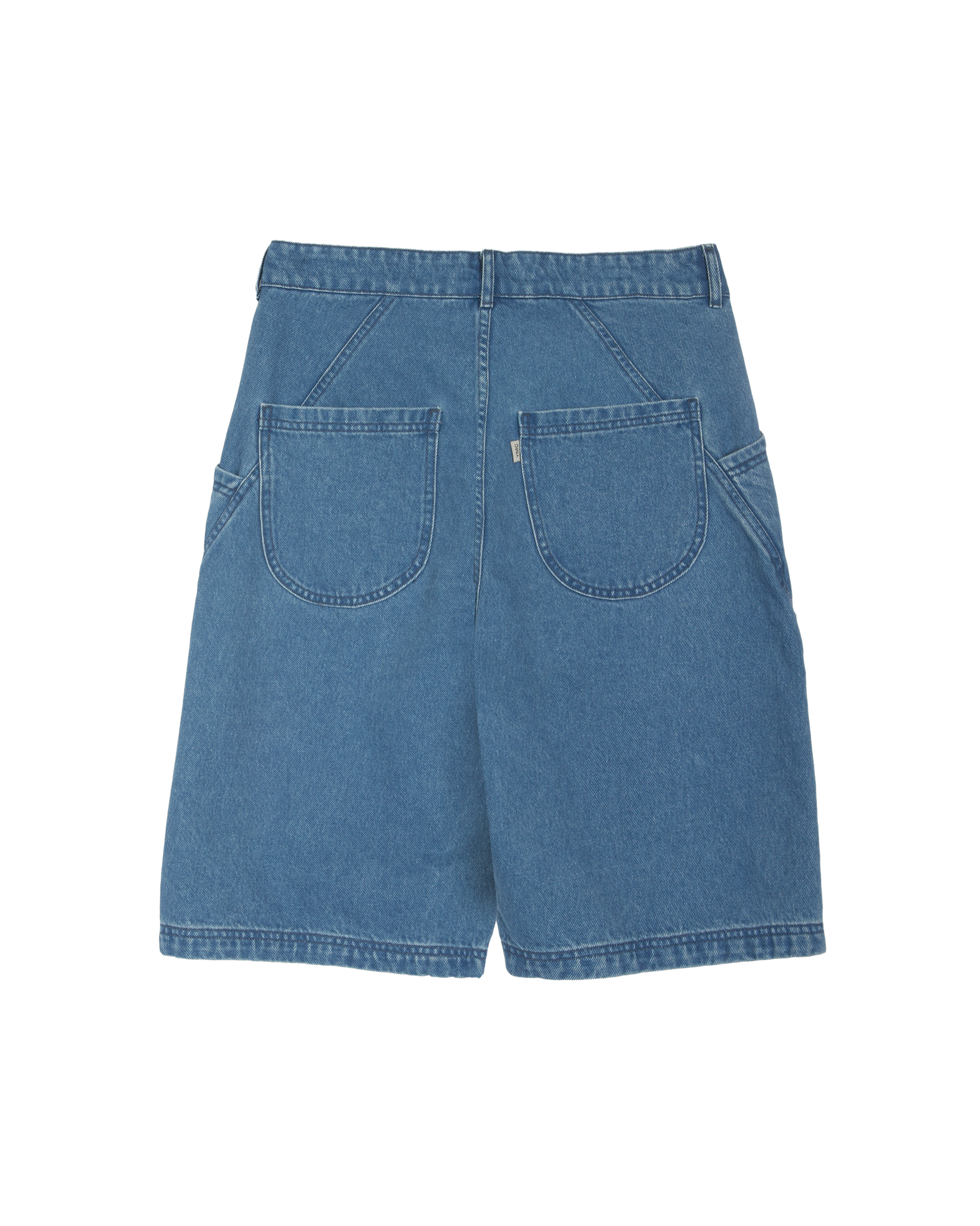YMC knee length denim shorts on a white background. 