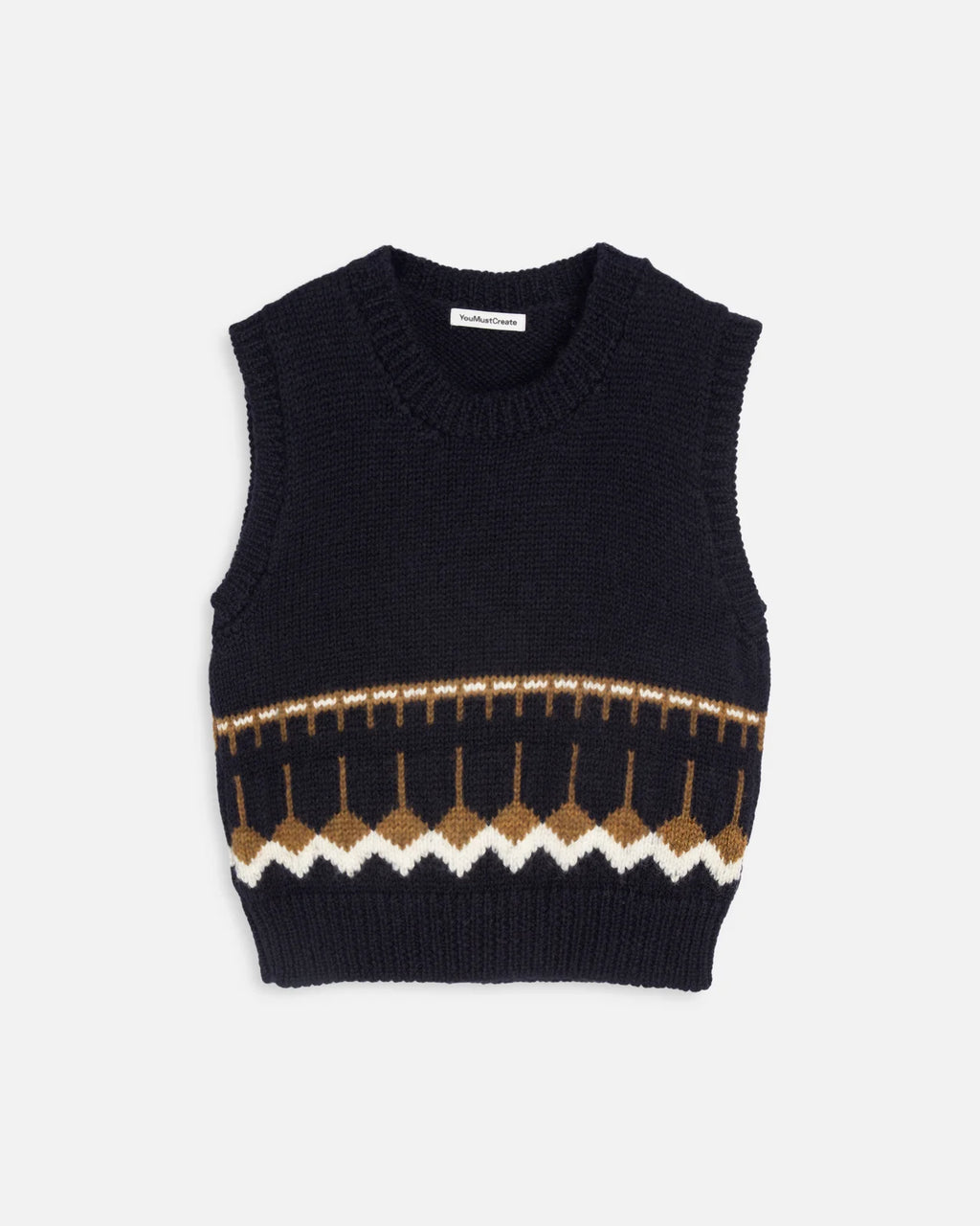 You Must Create Coda Knit Vest in dark navy with a patterned detail at the bottom.  