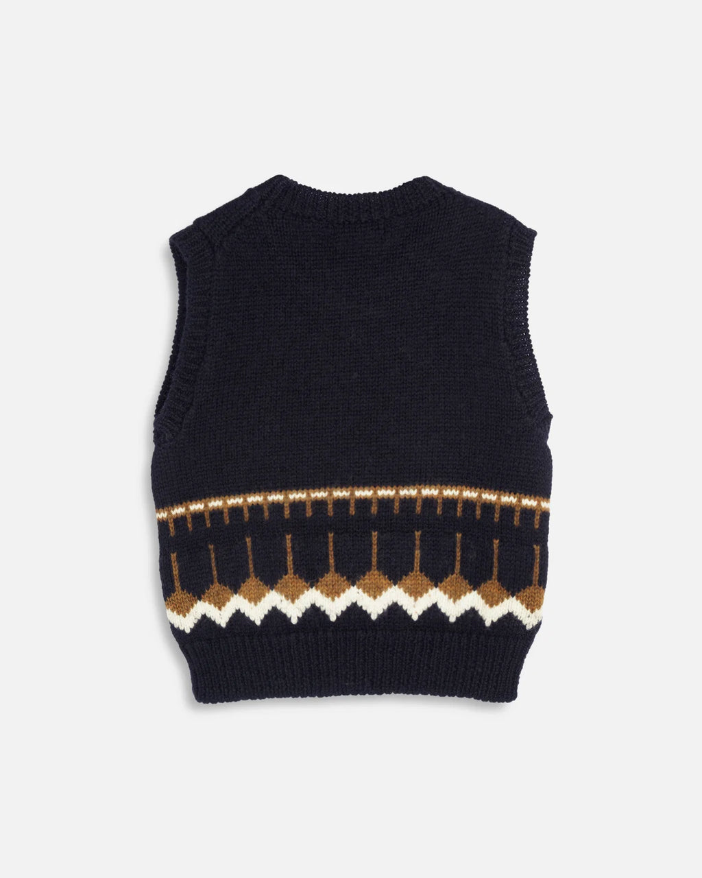A sleeveless knit sweater vest in dark navy blue, featuring a decorative Fair Isle pattern band around the lower half with brown and white geometric motifs, shown against a light gray background.
