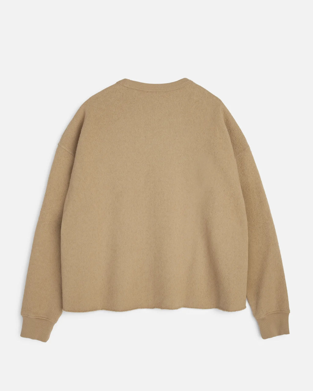 You Must Create taupe crewneck sweatshirt with a raw, frayed hem and oversized long sleeves, laid flat against a white background.