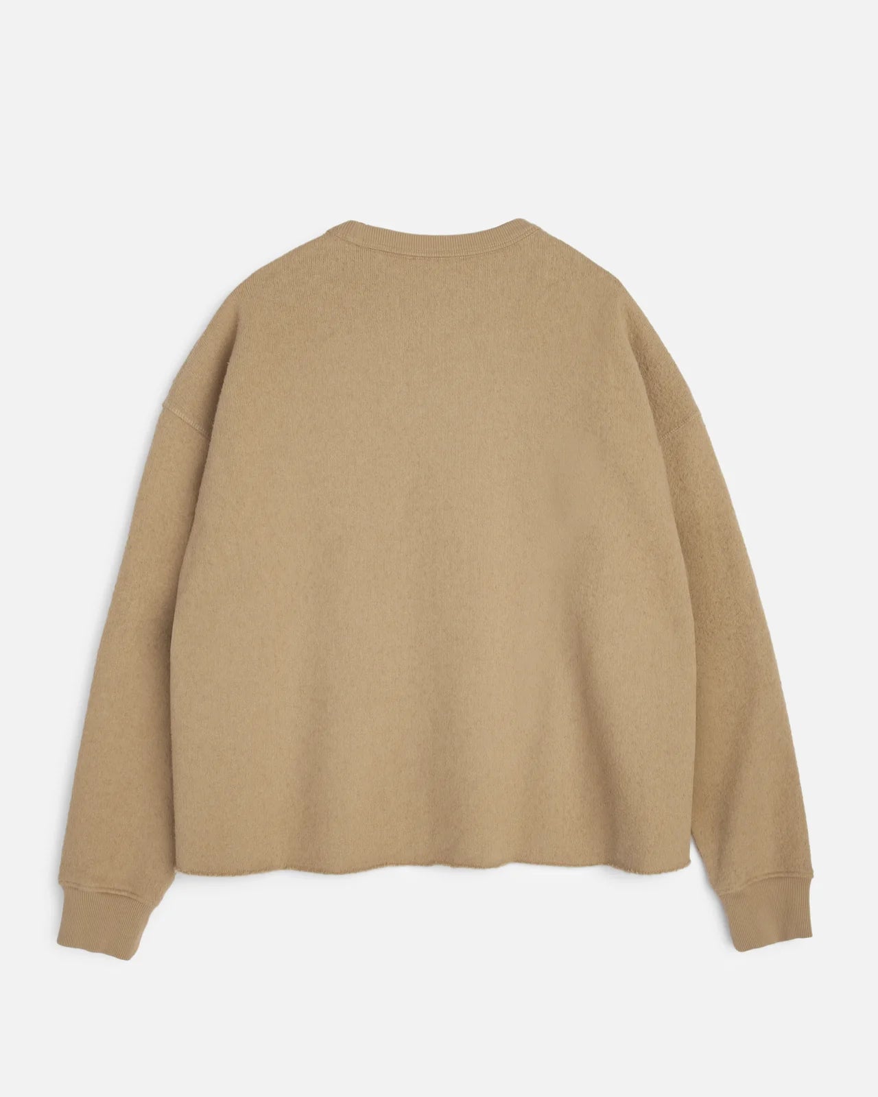 You Must Create taupe crewneck sweatshirt with a raw, frayed hem and oversized long sleeves, laid flat against a white background.