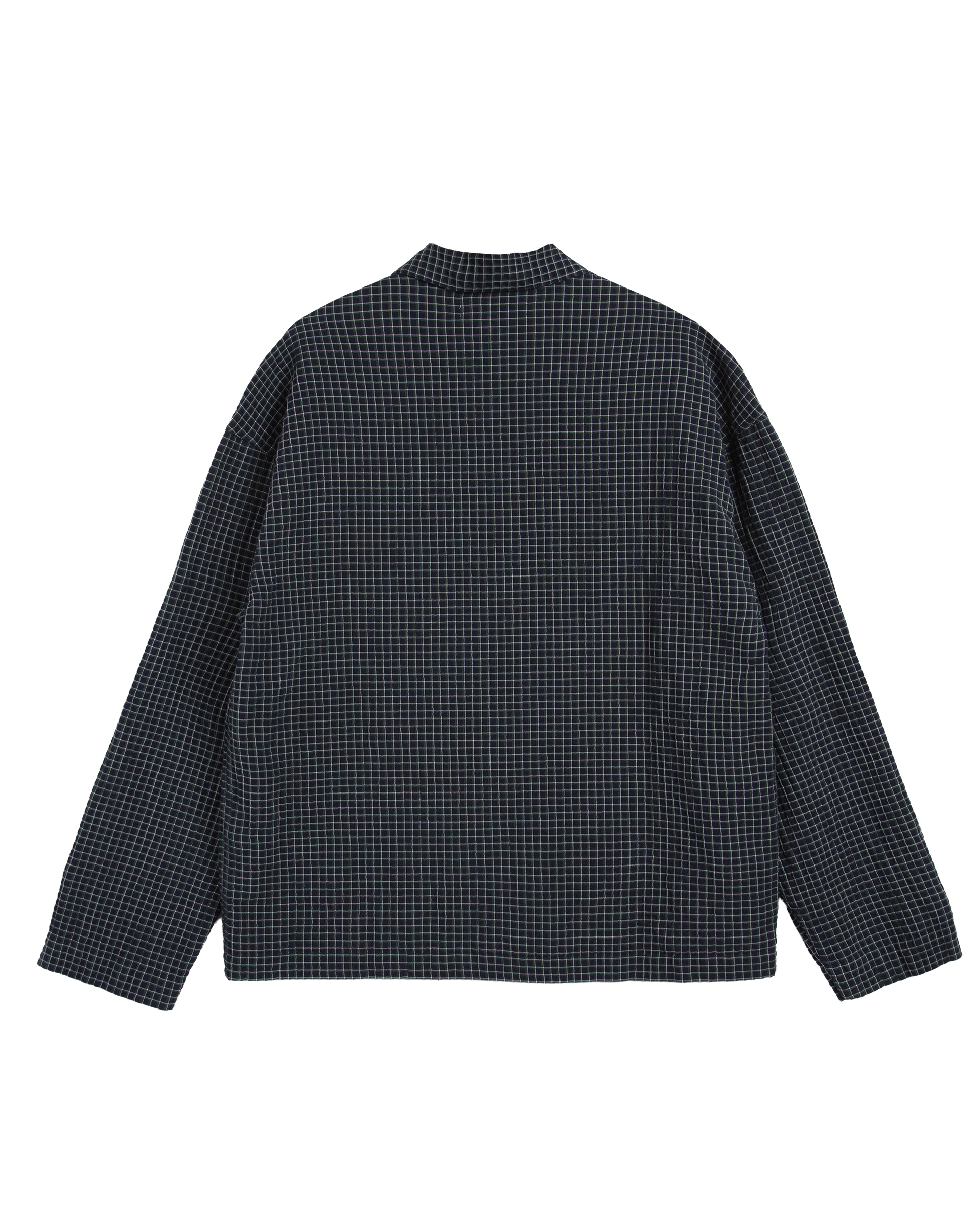 Navy, green and white checkered shirt on a white background