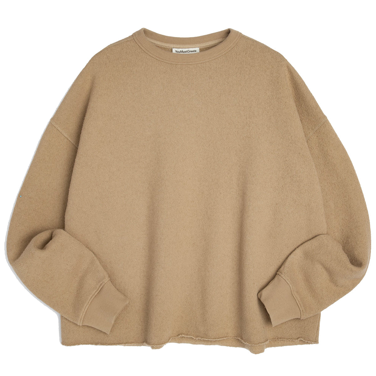 You Must Create taupe crewneck sweatshirt with a raw, frayed hem and oversized long sleeves, laid flat against a white background.