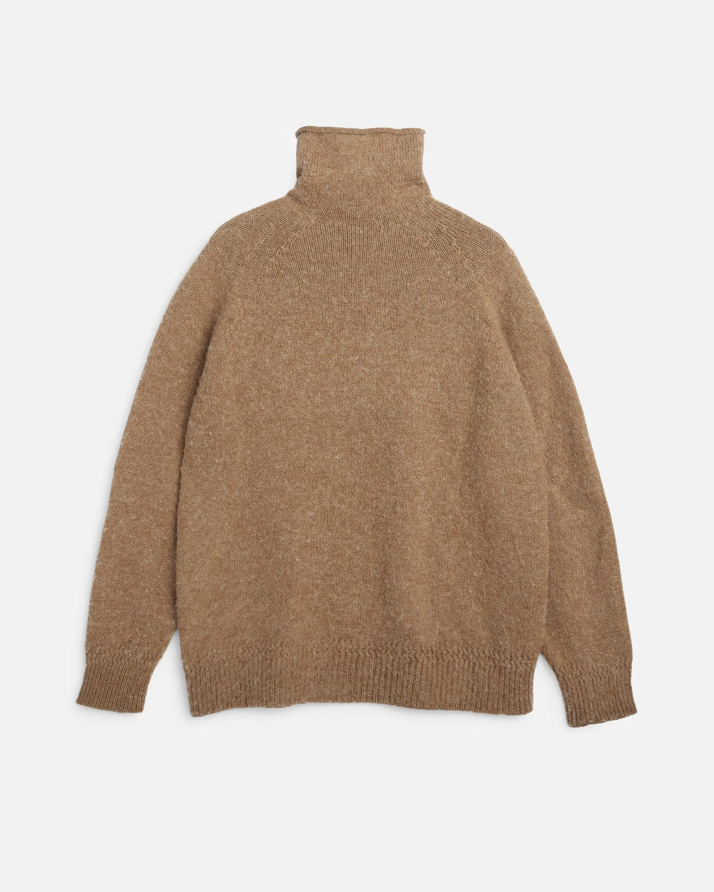 A tan knit turtleneck sweater shown from the back against a light gray background.