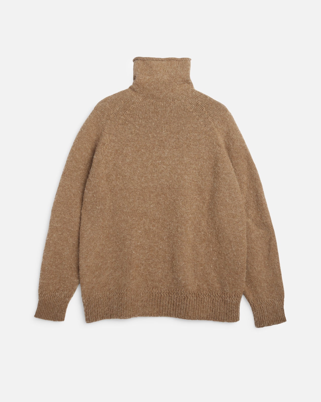 A tan knit turtleneck sweater shown from the back against a light gray background.