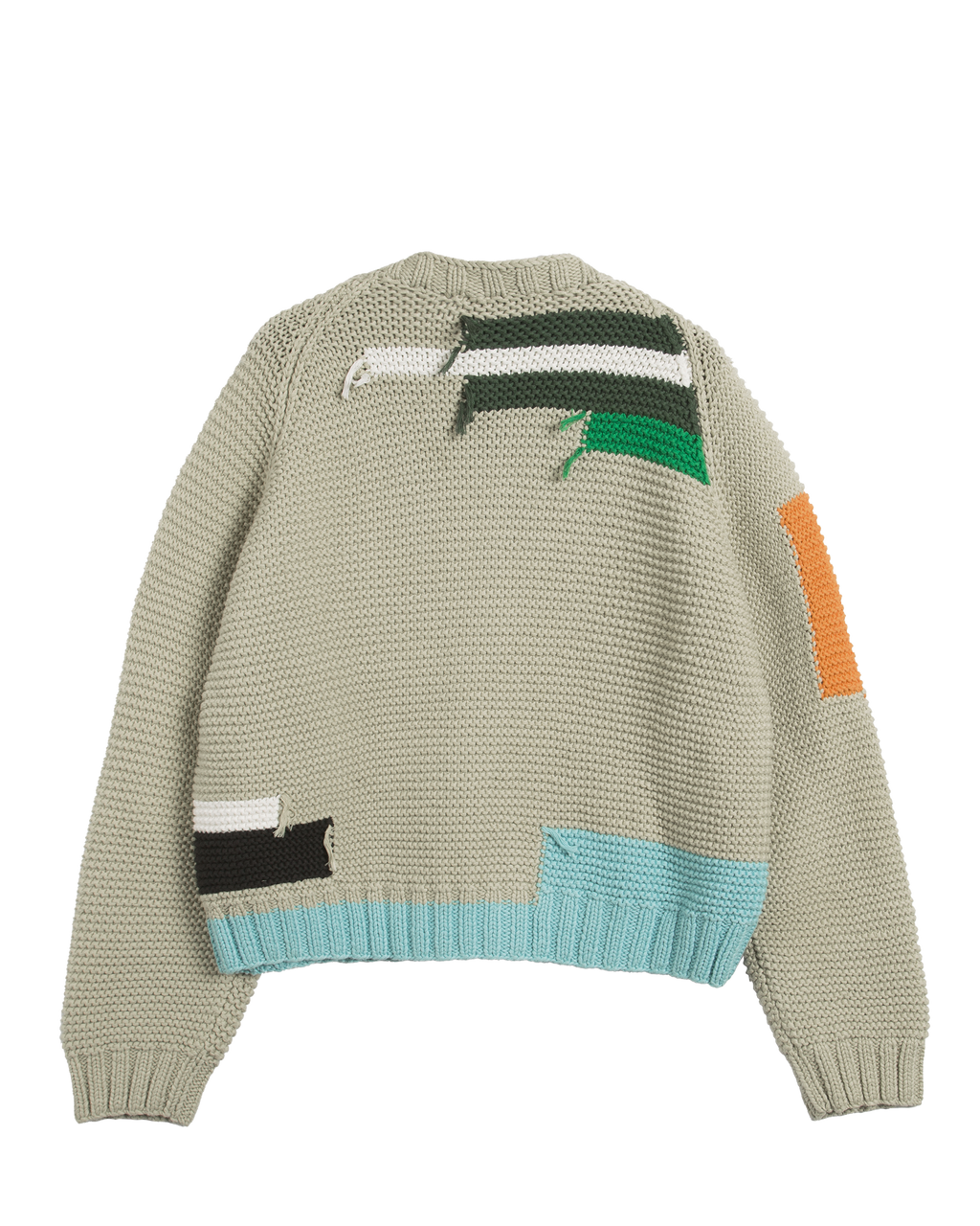 Knitted sweater with colorful patchwork design on a white background