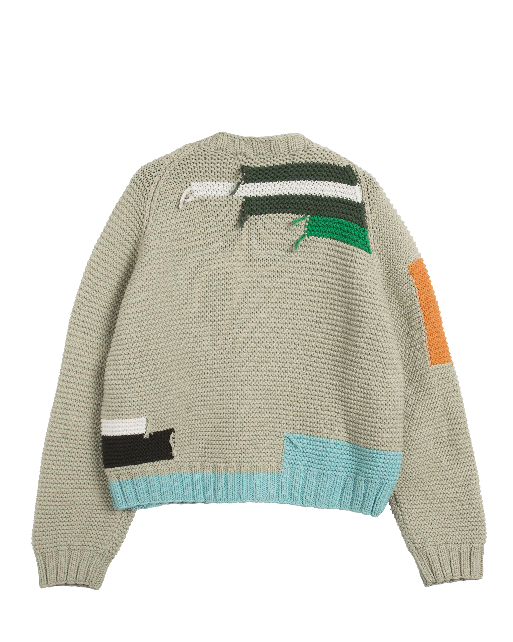 Knitted sweater with colorful patchwork design on a white background
