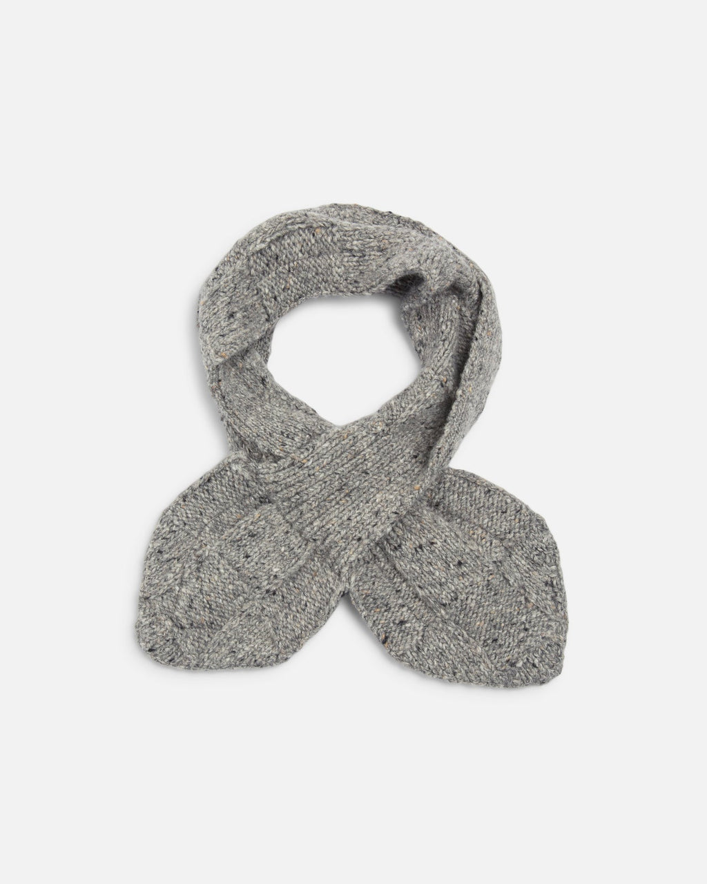 YMC grey knit scarf with a textured, heathered finish, styled in a looped cross-over shape on a plain light gray background.