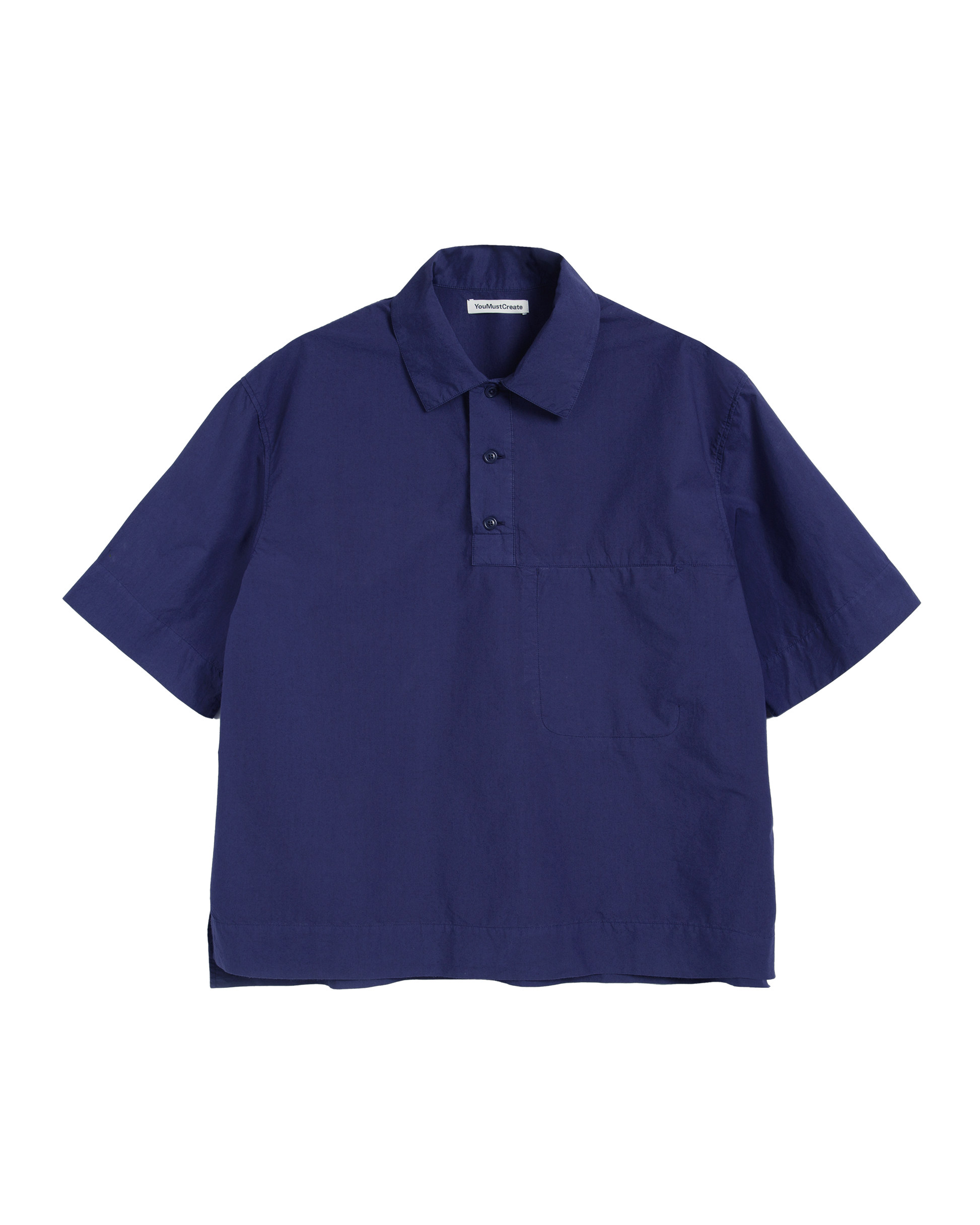 Navy blue cotton poplin polo shirt on a white background