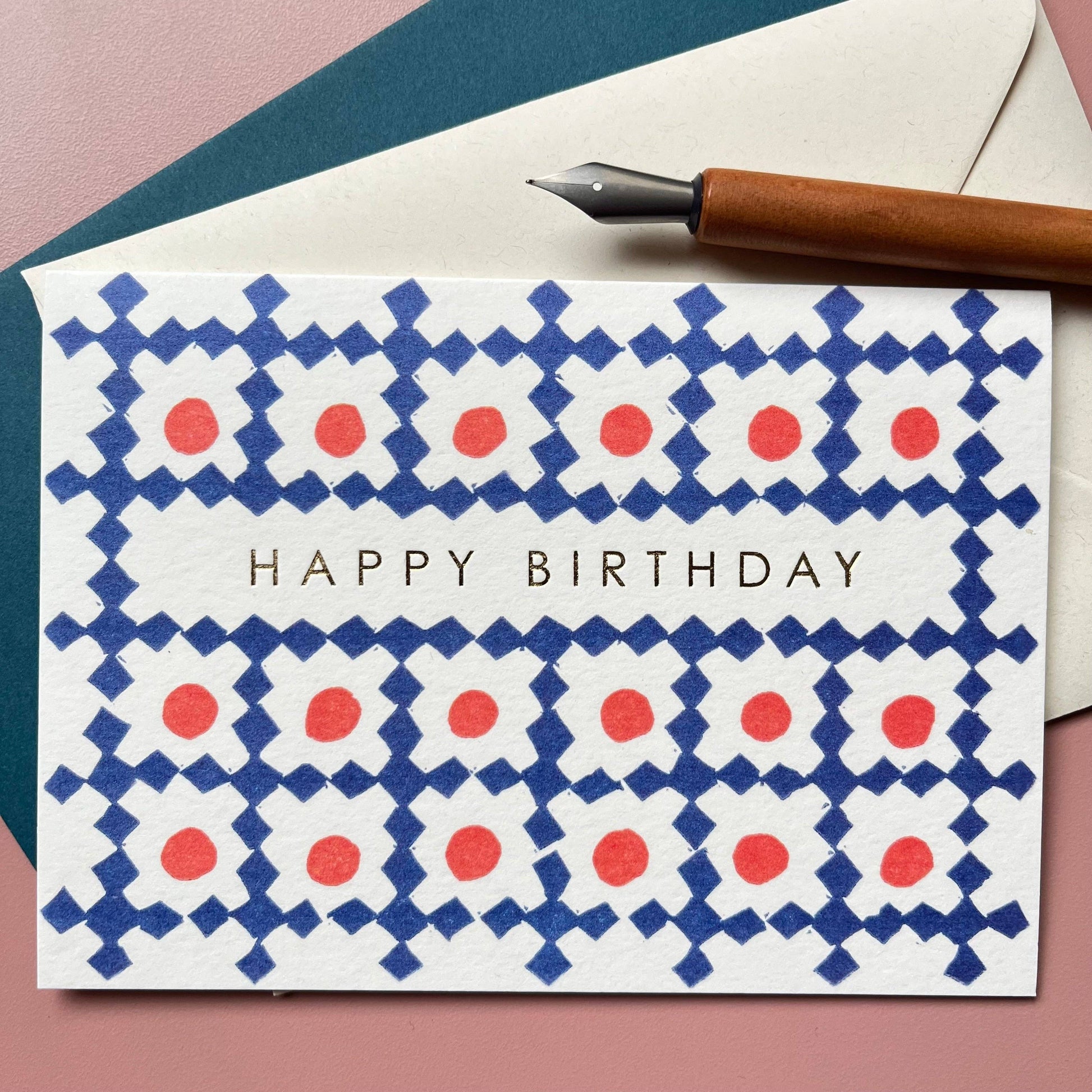 Takako Copeland Happy Birthday Lattice Pattern Card in Blue