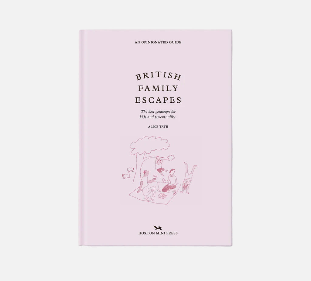 Book titled 'British Family Escapes' on a light pink background