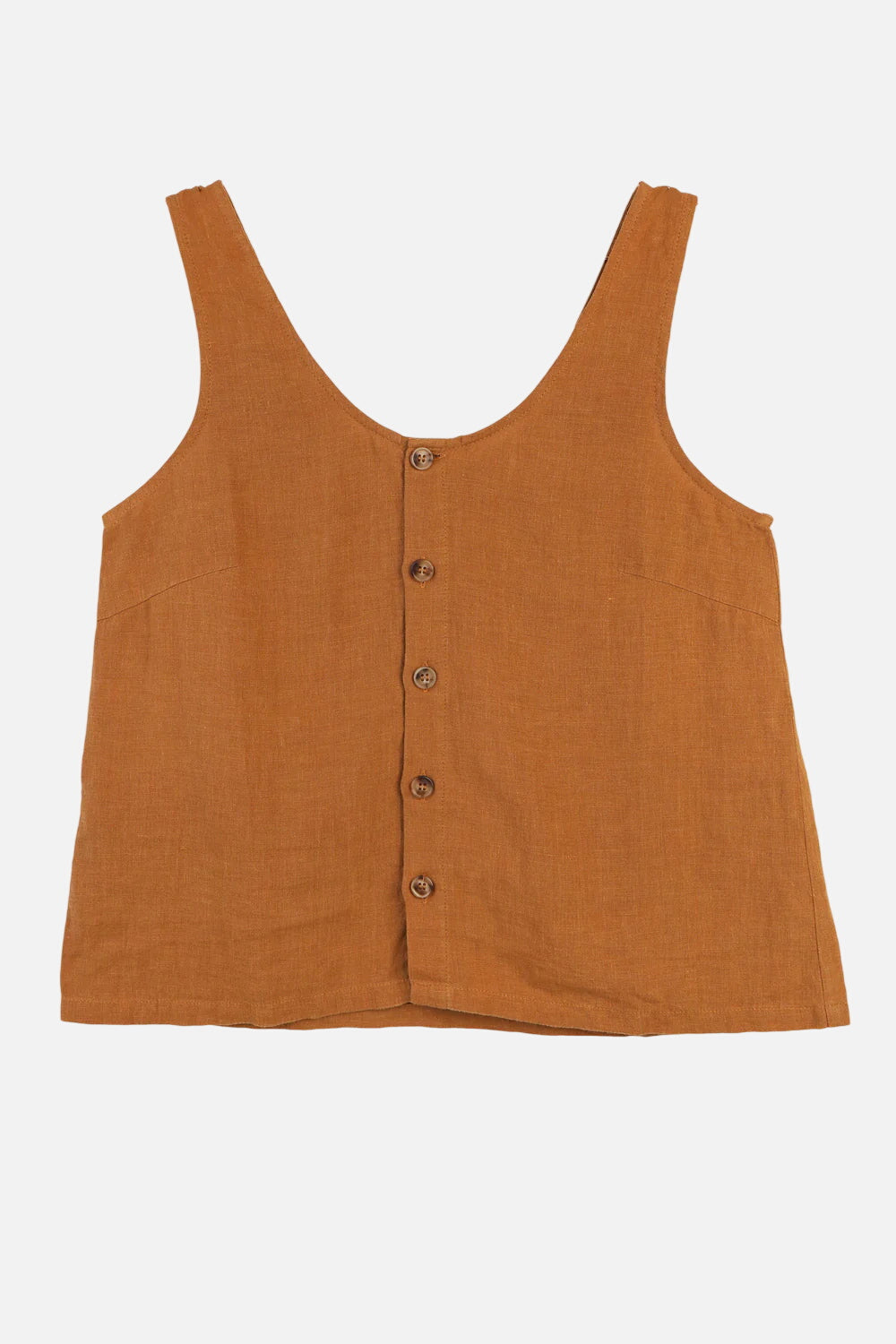 Brown sleeveless top with button details on a white background