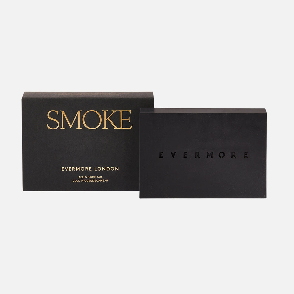Black box and a black soap bar  with 'Smoke' and 'Evermore London' text  on a white background
