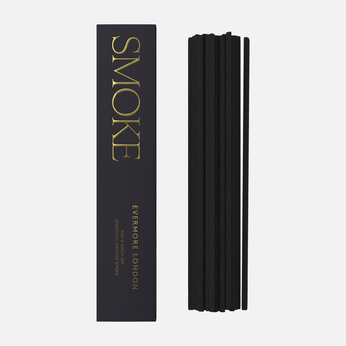 Evermore London Black incense sticks with 'Smoke' packaging on a white background