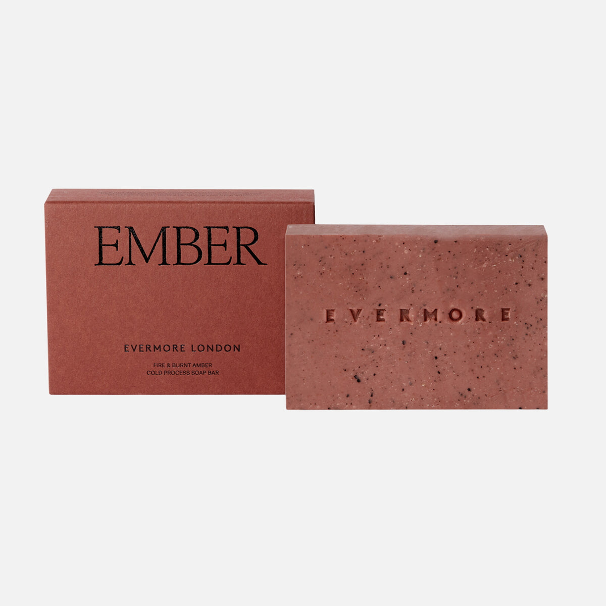 Red soap bar and packaging with 'Evermore London' branding on a white background
