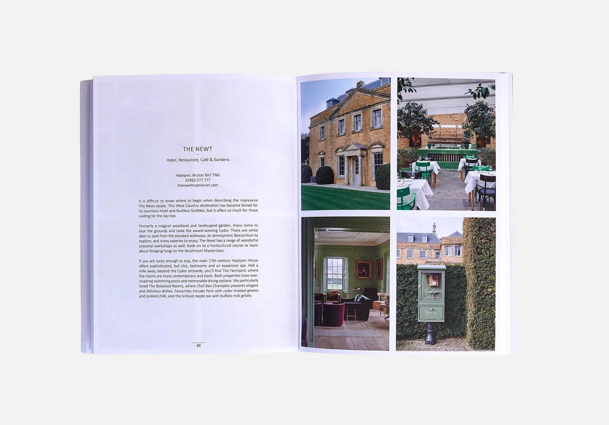 Open book showing images of the Newt Hotel and text on a neutral background