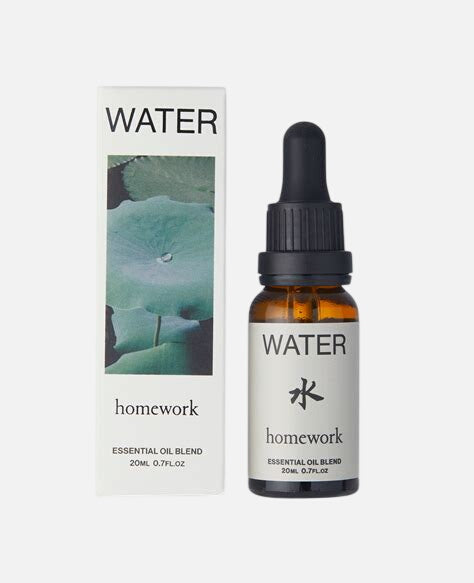Homework essential oil blend bottle and packaging with 'Water' theme on a white background