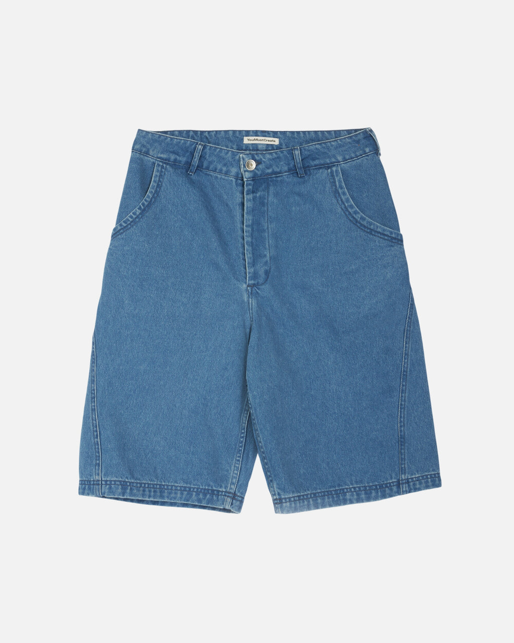 YMC knee length denim shorts on a white background. 