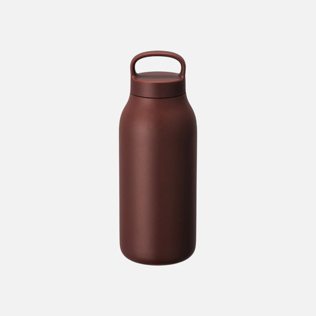 Brown water bottle with handle on a white background