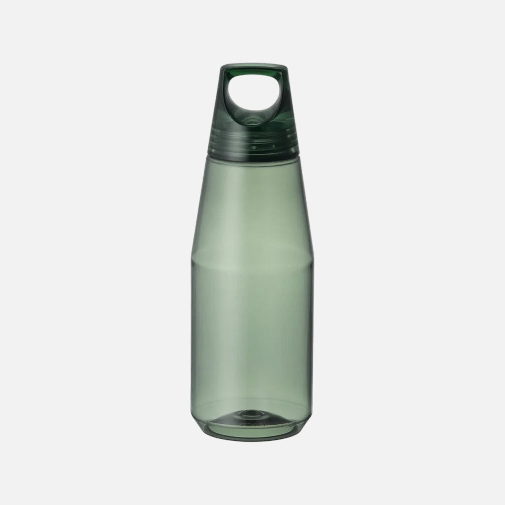 Green water bottle with black cap on a white background