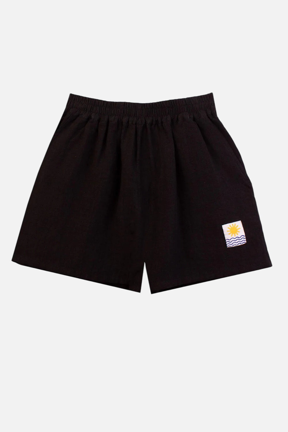Black shorts with a small LF Markey logo on a white background