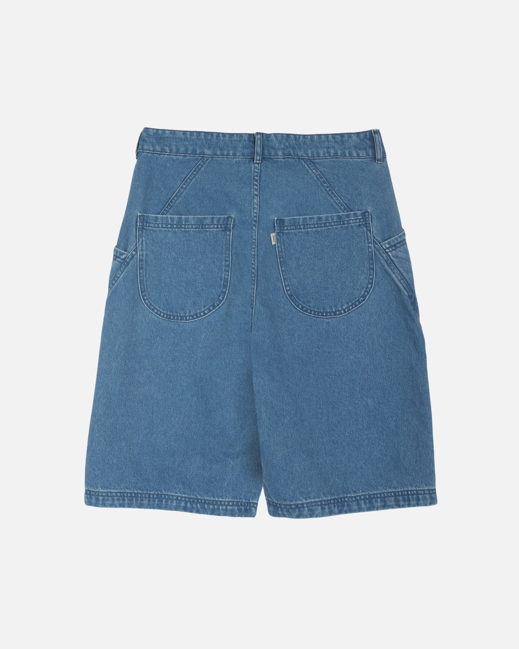 YMC knee length denim shorts on a white background. 