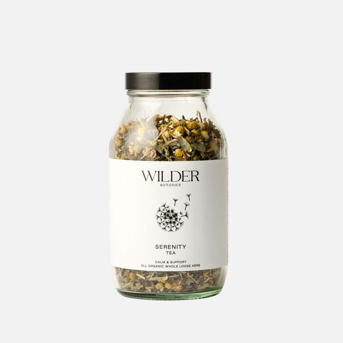 Glass jar of Wilder Botanics Organic Serenity Tea. 